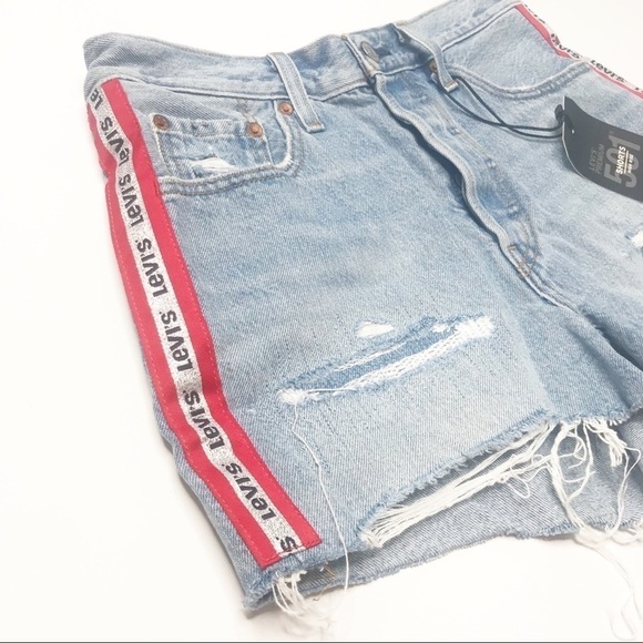 Levi's Jeans Shorts 501 Logo Stripe Blue Denim Jean Shorts 31 - Picture 4 of 8